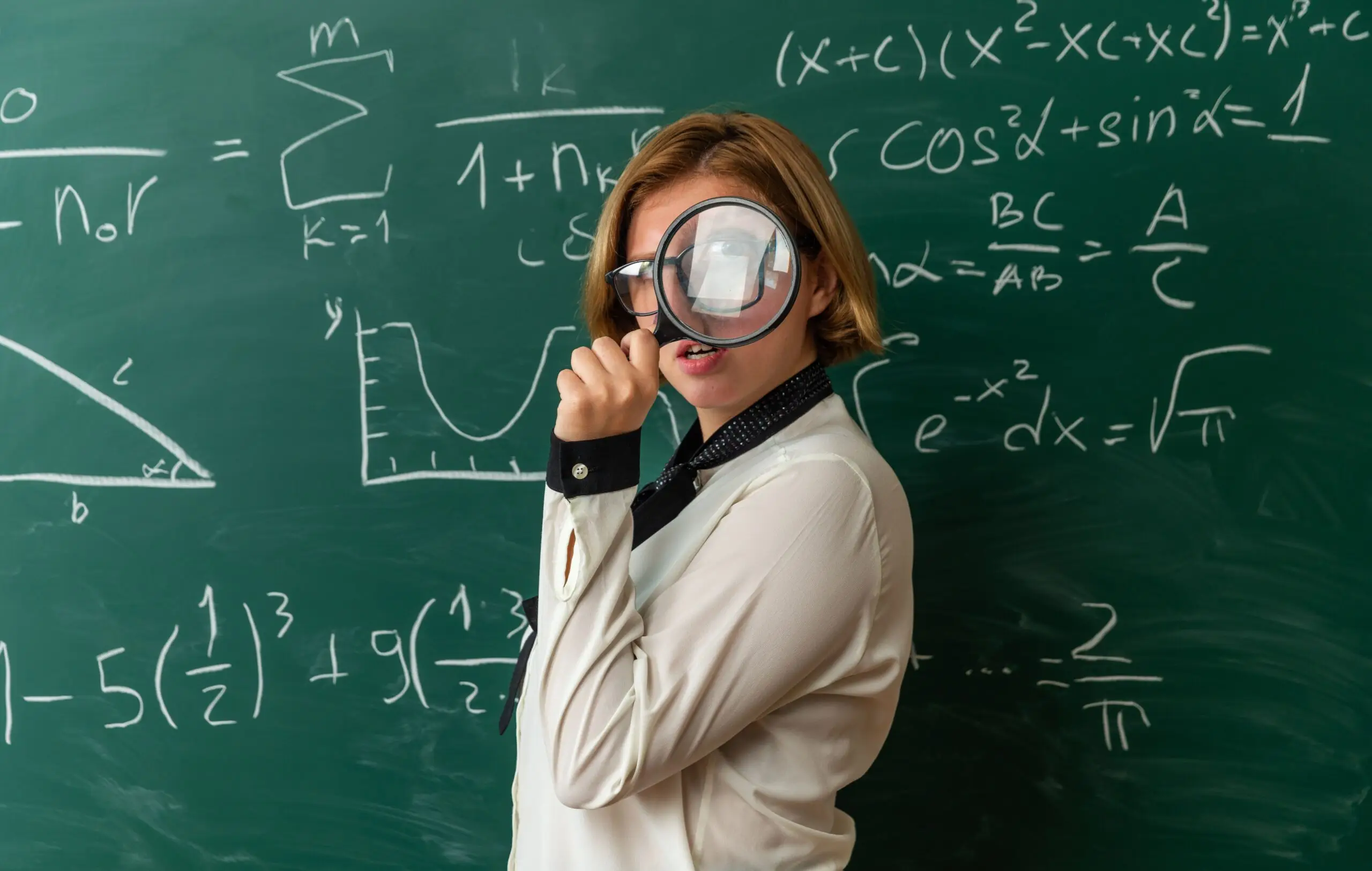pleased young female teacher wearing glasses stand