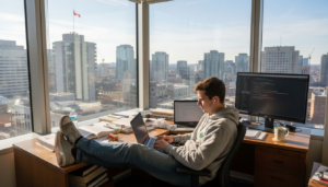 Student typing code in corner office workspace