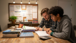 Physics tutor and student at cluttered table